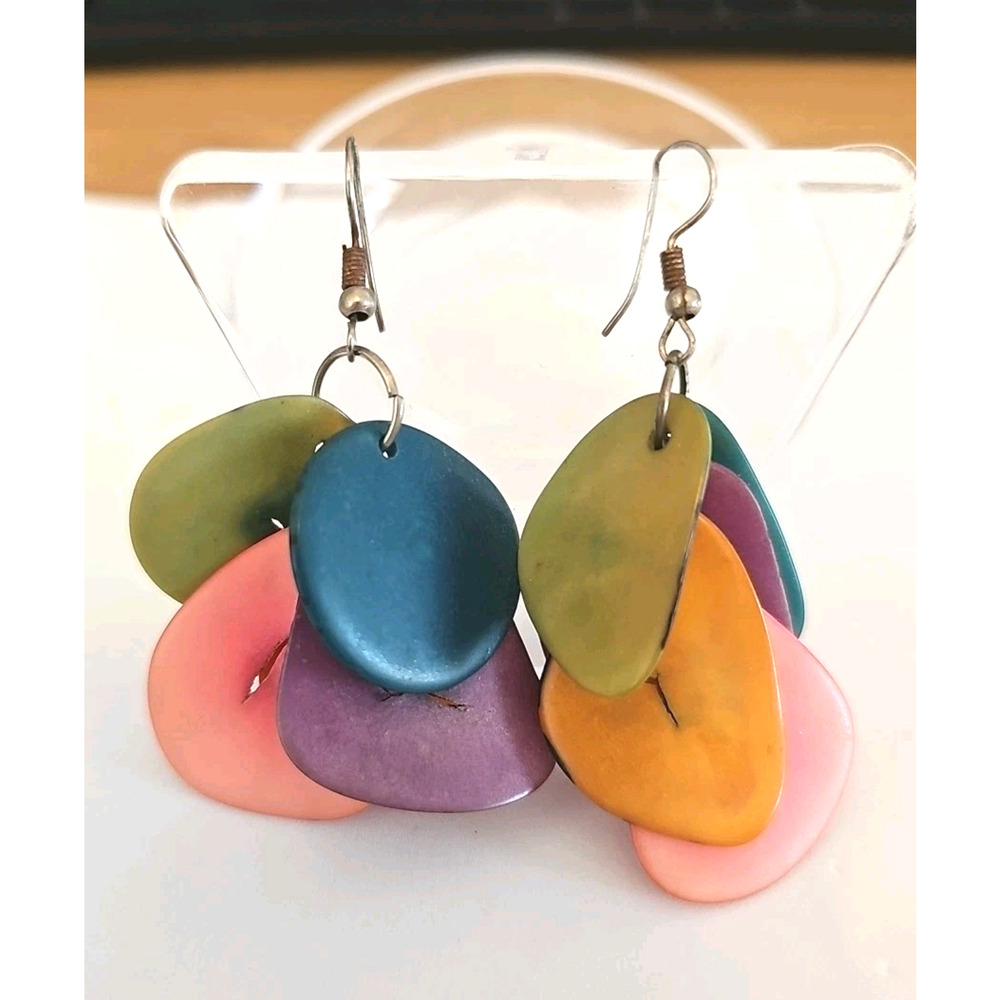 Rainbow Tagua Nut Long Cascade Multi-Color Dangle Pierced Earrings